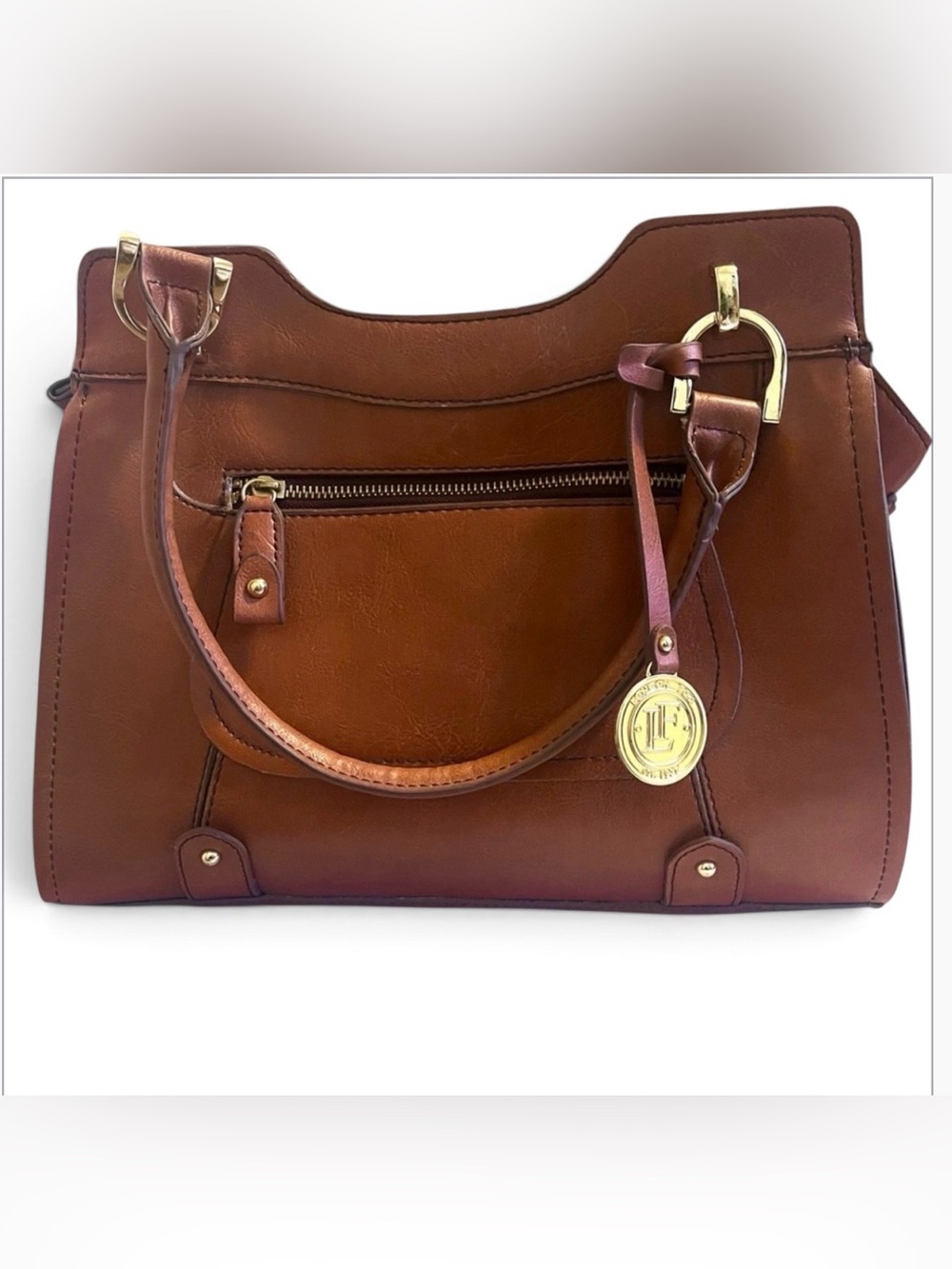 London Fog Brown Faux Leather Satchel Shoulder Bag Gold Tone Hardware Zip Pocket